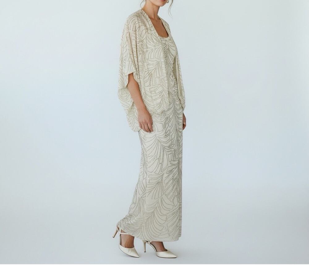 Pave New York Beverly Hills Silk Beaded Formal Gown Sz 6 Ivory Vintage Hong Kong